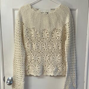 Willi Smith wool blend crochet design knit sweater in cream, women’s size M